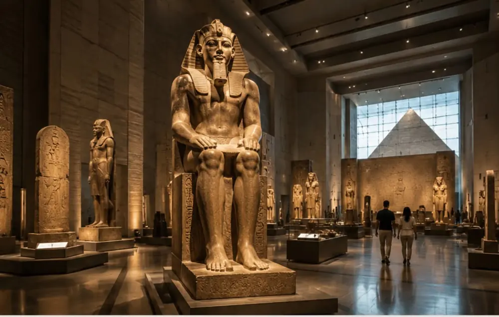 Grand Egyptian Museum gallery with monumental ancient Egyptian statues