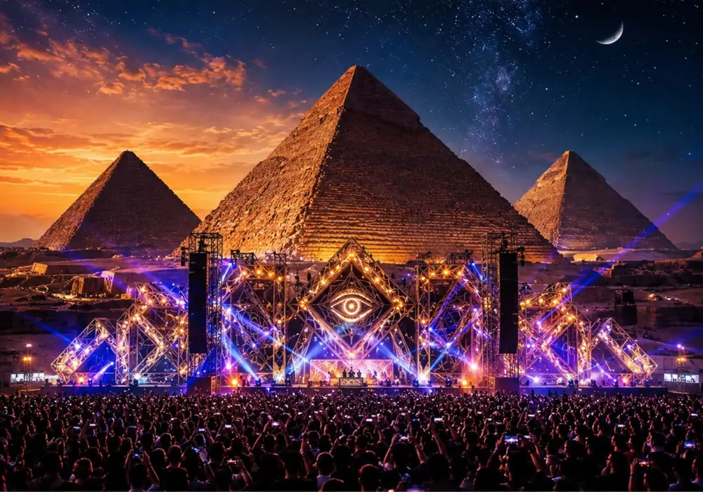 Starlight Festival stage and crowd beneath the Great Pyramids of Giza