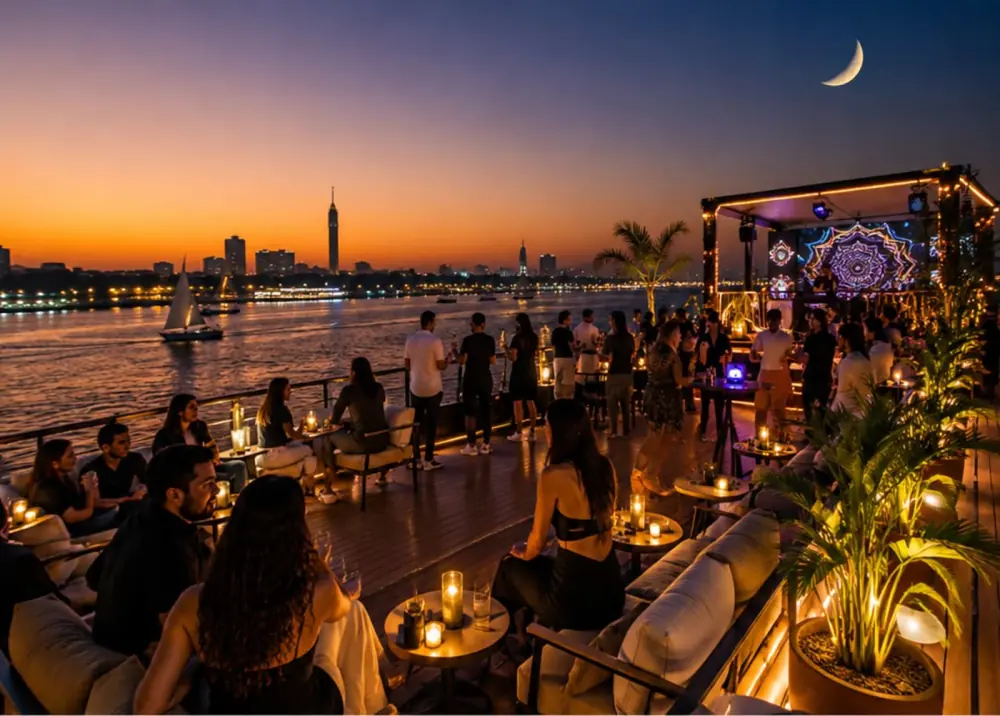 Evening Nile cruise gathering with Cairo illuminated across the water