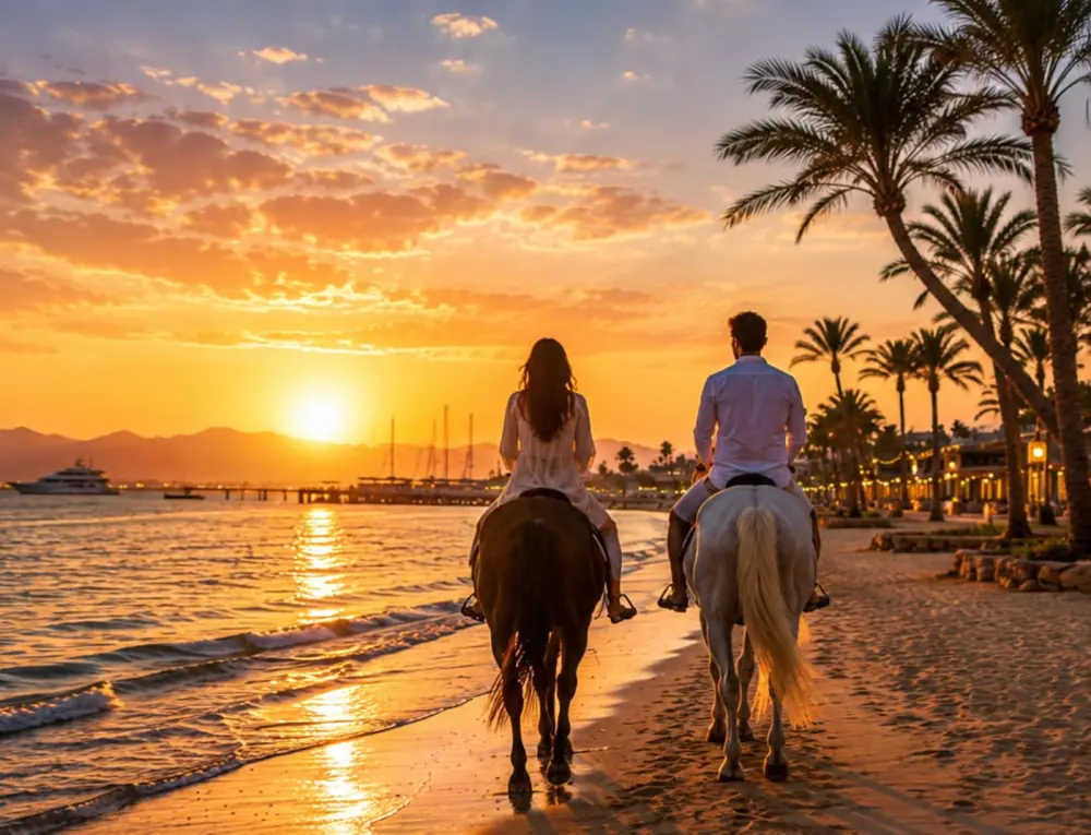 Travellers horse riding along the Hurghada shoreline at sunset
